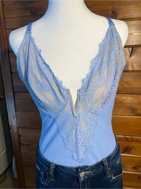 Lace Plunge Thong Bodysuit in Light Blue